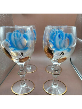 Bohemian Crystal Blue and Gold Wine Handpainted Glasses